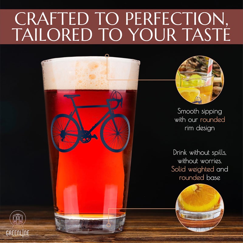 Greenline Goods - Bicycle Beer Glasses (Set of 2) |16 oz Drinkware with Colorful Cyclist Designs | Premium Decorative Glassware | Unique Gifts for Cyclists & Bike Riders [Navy] - Image 4